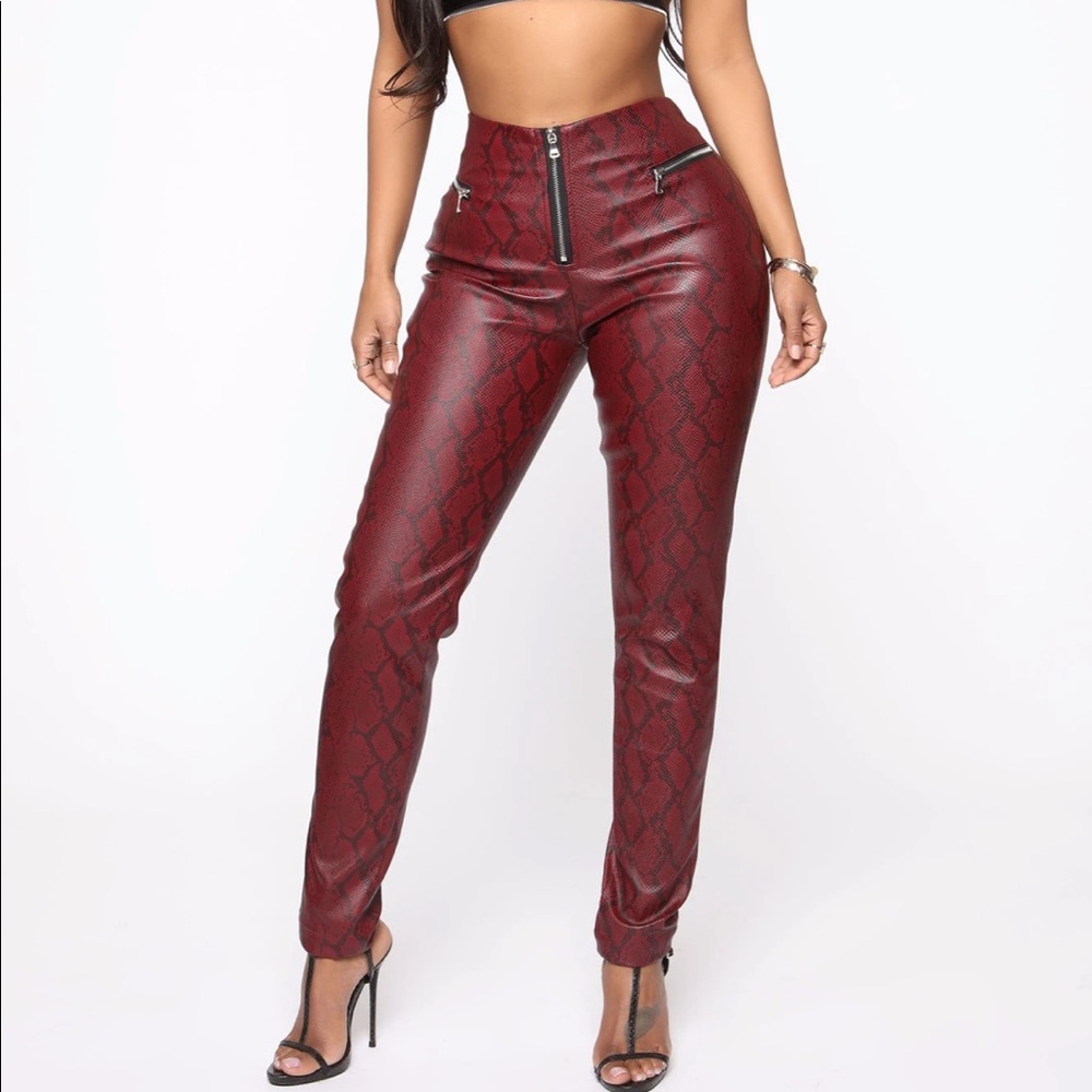 Fashion Nova Snake Money Moves PU Leather Pants — Burgundy & Black